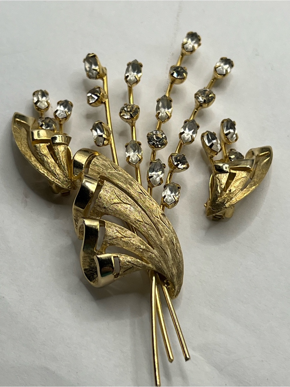 Weiss Gold-Tone Crystal Floral Spray Brooch and Clip Earrings Set
